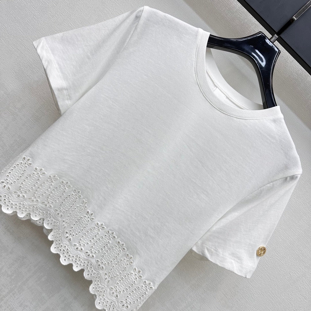 LOUIS VUITTON LV T-SHIRT WITH LACE-TRIMMED HEM