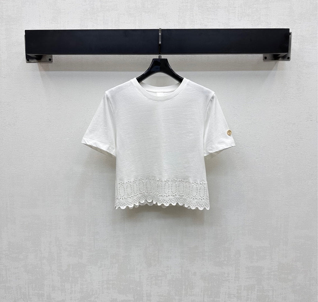 LOUIS VUITTON LV T-SHIRT WITH LACE-TRIMMED HEM