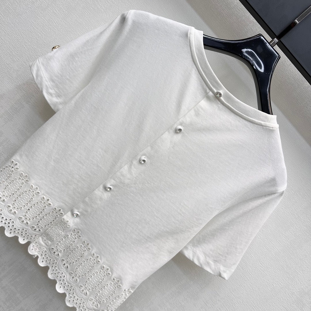 LOUIS VUITTON LV T-SHIRT WITH LACE-TRIMMED HEM