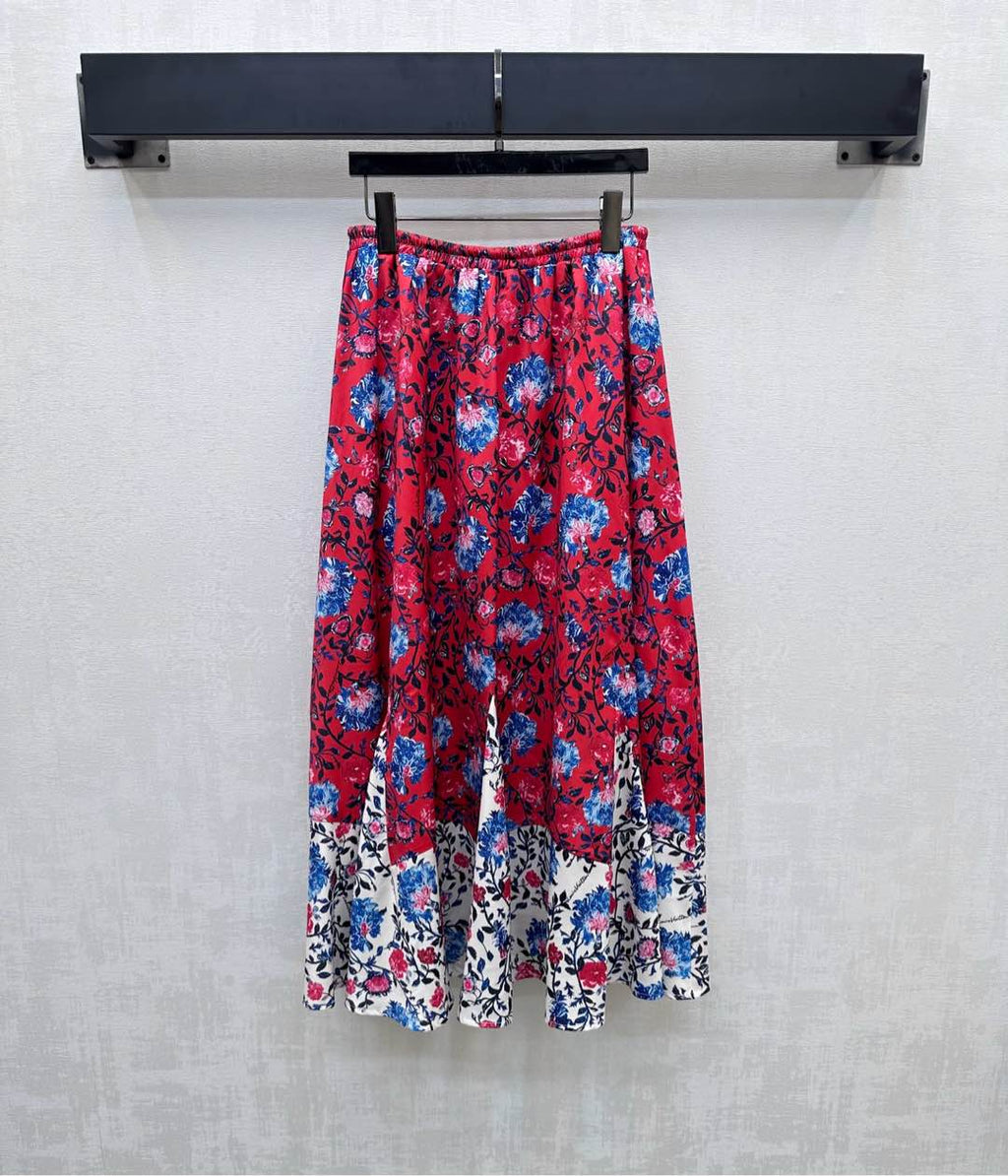 LOUIS VUITTON LV FLORAL SILK SKIRT IN RED