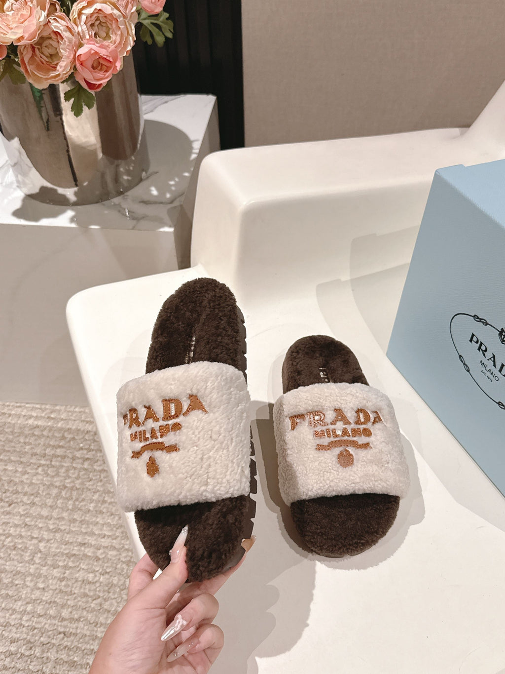 PRADA 25S FLAT MULES IN WHITE AND RK BROWN RABBIT FUR