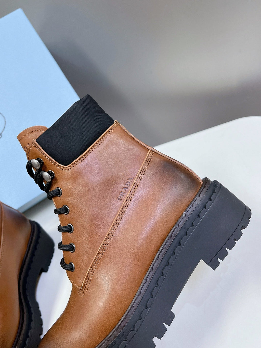 PRADA LACE-UP BOOTS OMBRE CARAMEL CALFSKIN