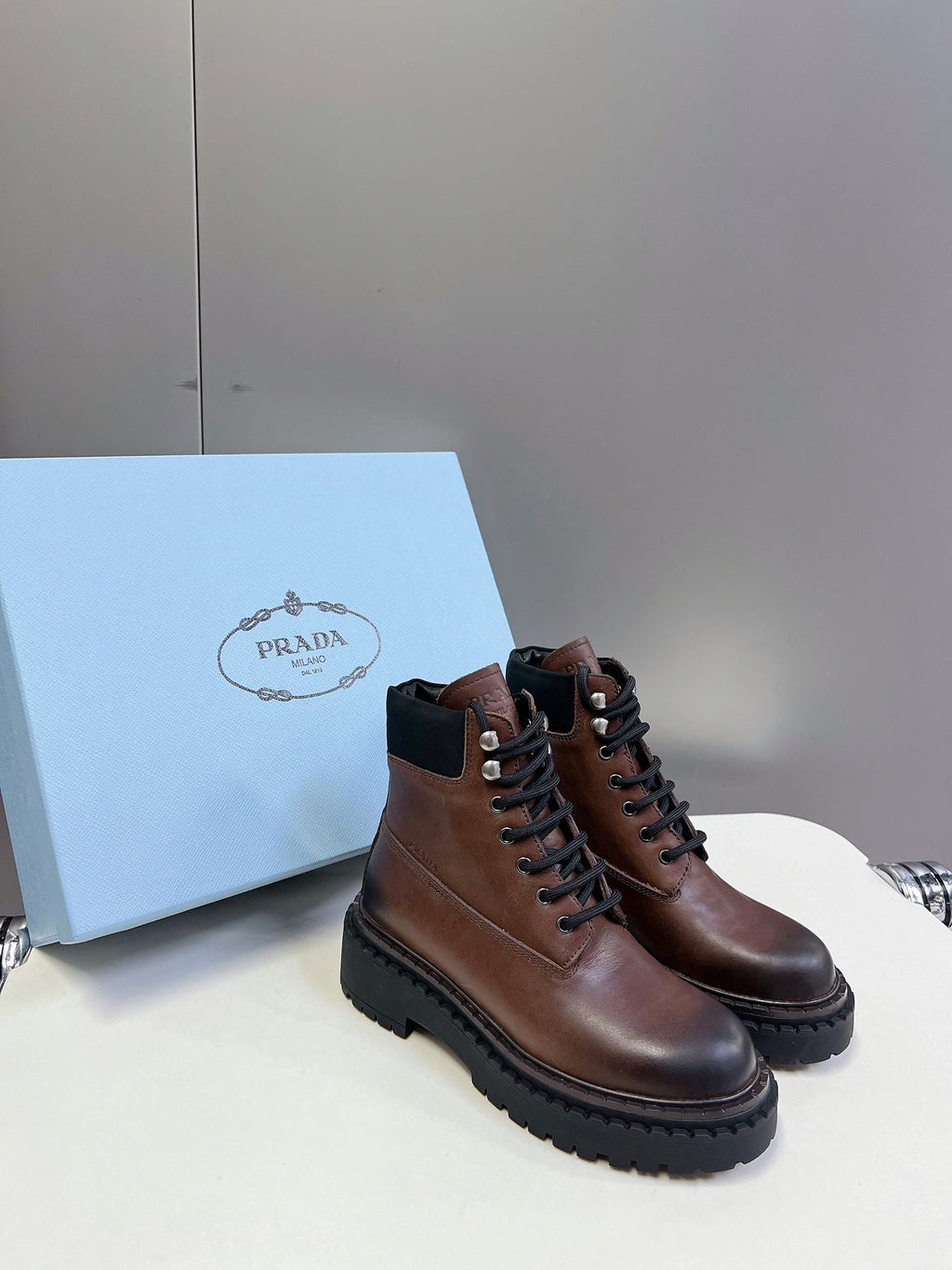 PRADA LACE-UP BOOTS OMBRE CHOCOLATE CALFSKIN