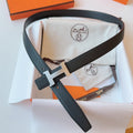 HERMES MINI H BELT BUCKLE & REVERSIBLE BLACK LEATHER STRAP 24 MM SILVER HARDWARE