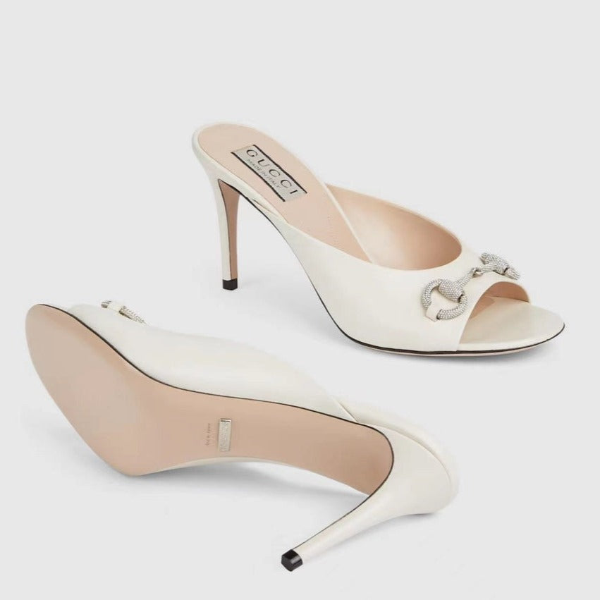 GUCCI Women's Horsebit mid-heel slide sandal in White