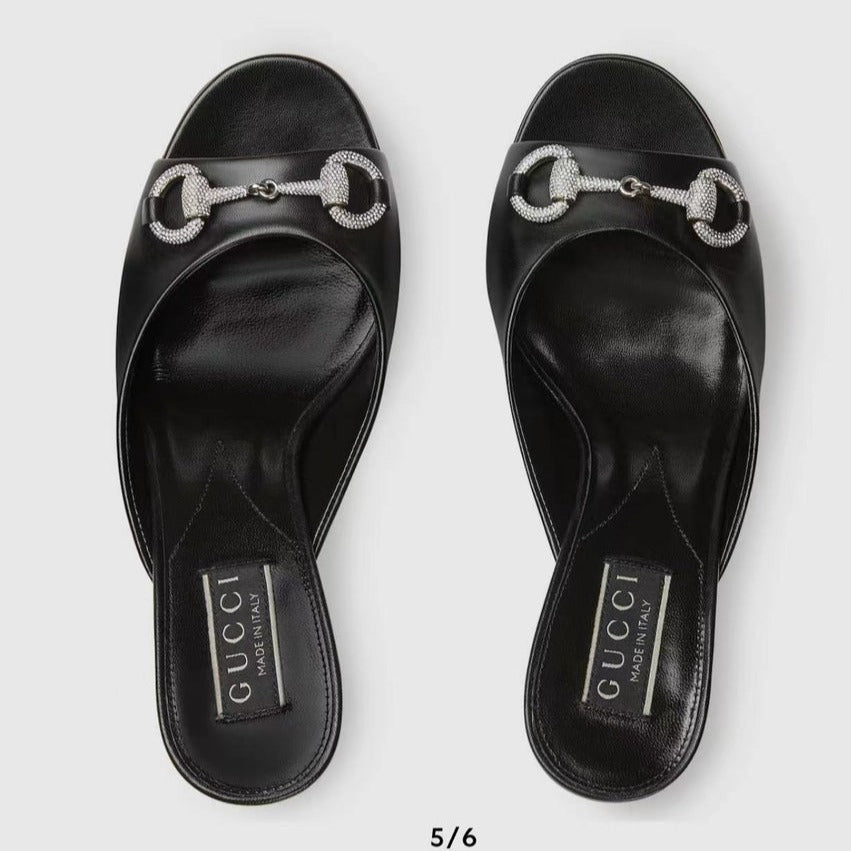 GUCCI Women's Horsebit mid-heel slide sandal in Black