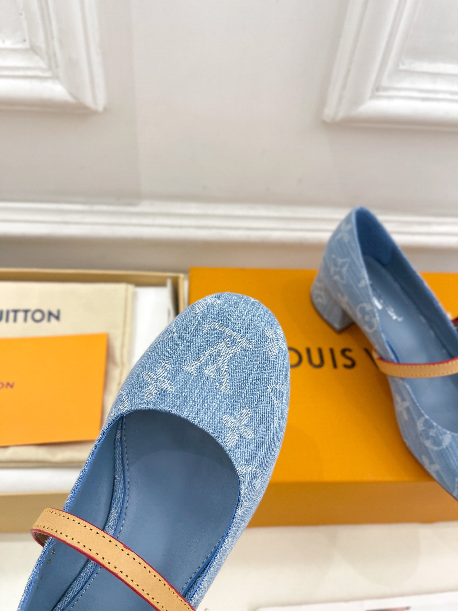 LOUIS VUITTON LV WOMEN ROMY HIGH BALLERINA IN LIGHT BLUE MONOGRAM DENIM