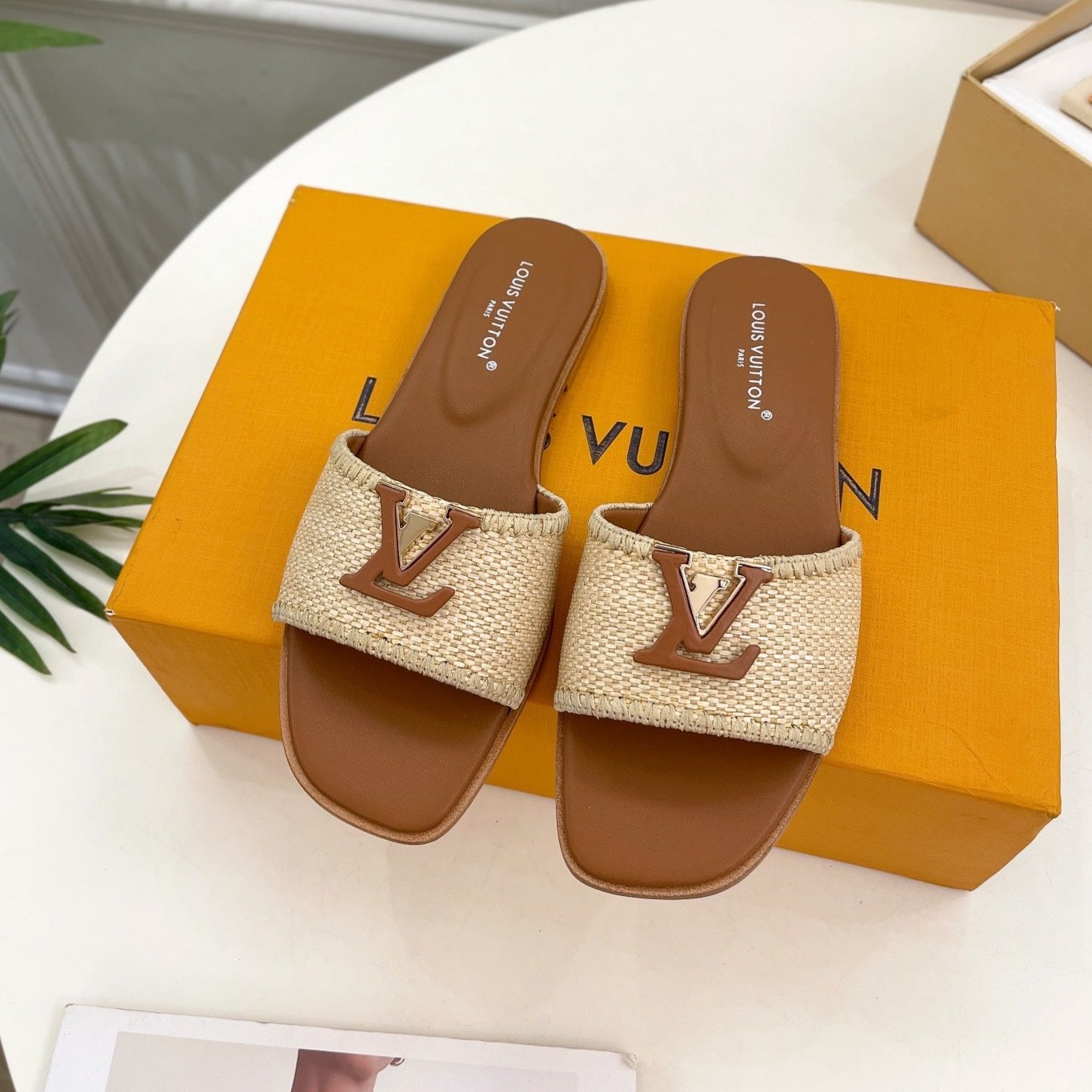 LOUIS VUITTON LV WOMEN CAPRI FLAT MULES IN CHOCOLATE BROWN LEATHER AND RAFFIA