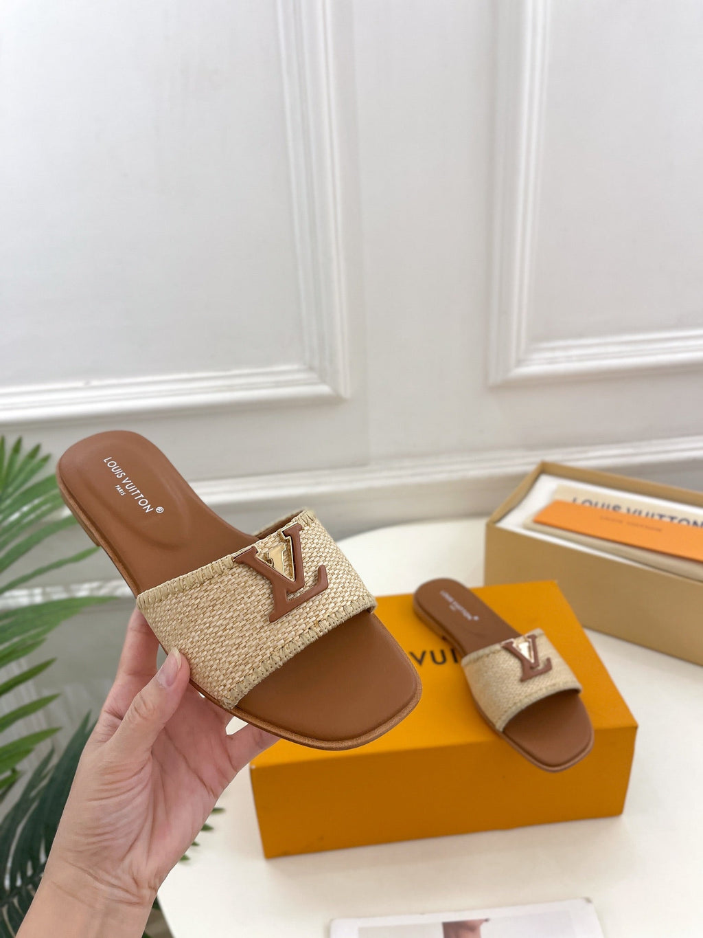 LOUIS VUITTON LV WOMEN CAPRI FLAT MULES IN CHOCOLATE BROWN LEATHER AND RAFFIA