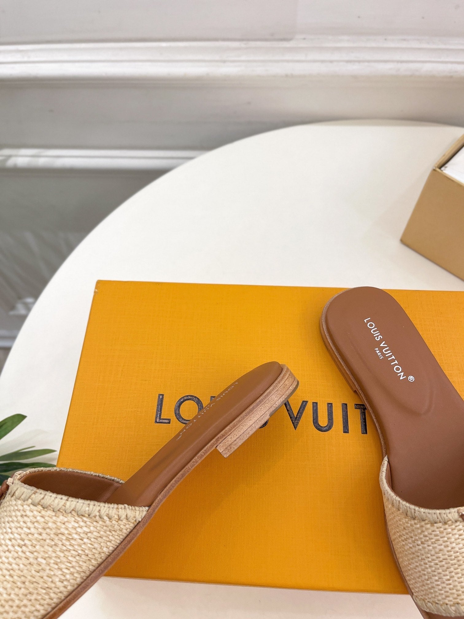LOUIS VUITTON LV WOMEN CAPRI FLAT MULES IN CHOCOLATE BROWN LEATHER AND RAFFIA