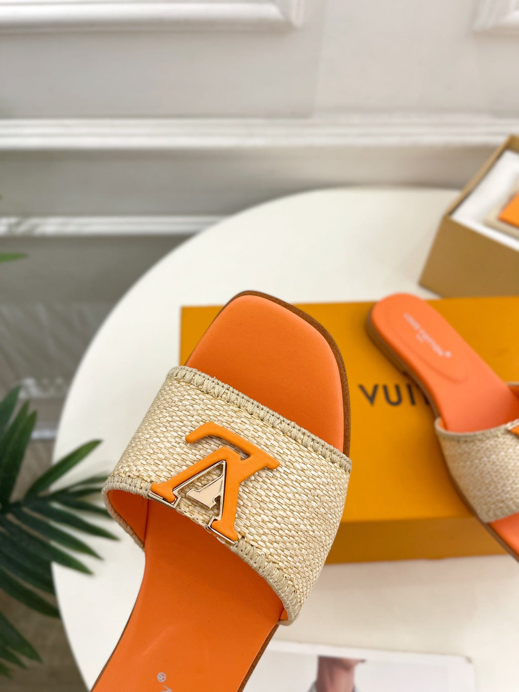 LOUIS VUITTON LV WOMEN CAPRI FLAT MULES IN TIGER ORANGE LEATHER AND RAFFIA