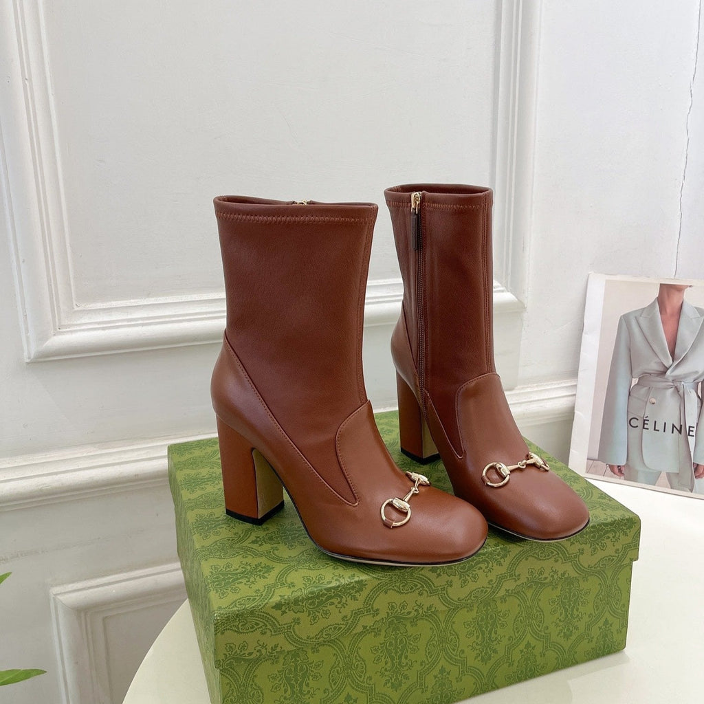 GUCCI HORSEBIT ANKLE BOOTS 9.5CM IN CINNAMON BROWN SHEEPSKIN