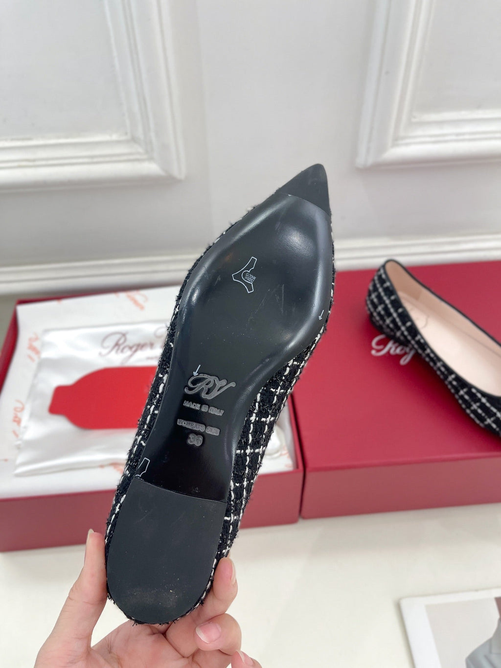 EFFLORESCENCE BALLERINAS IN BLACK TWEED WITH FINE WHITE STRIPES EMBELLISHED CRYSTALS