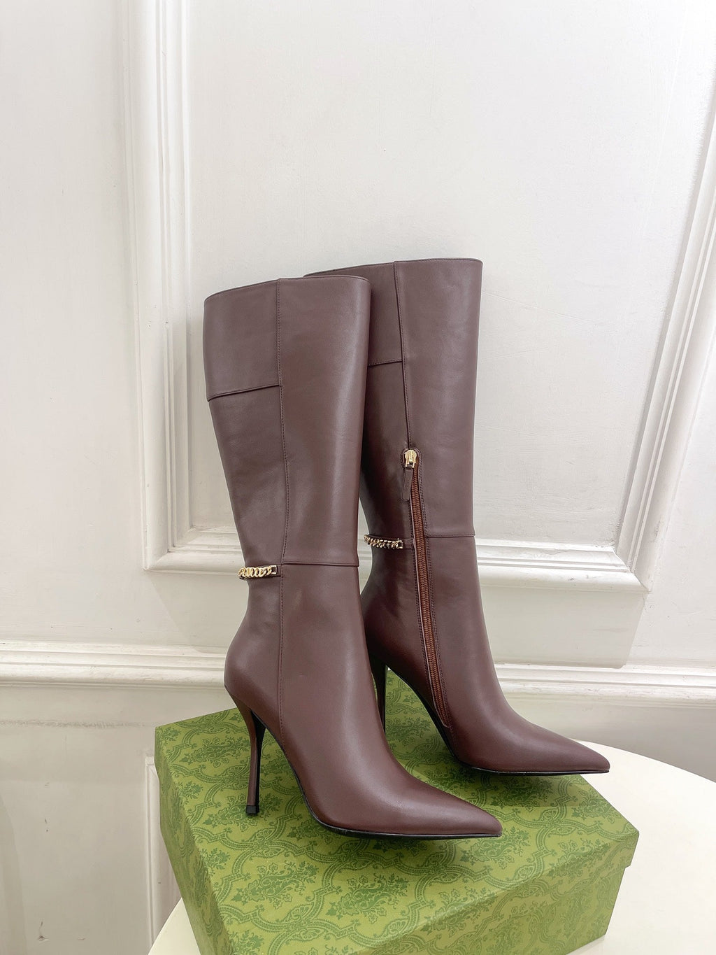 GUCCI SIGNORIA KNEE BOOTS 4.5CM IN WALNUT BROWN CALFSKIN