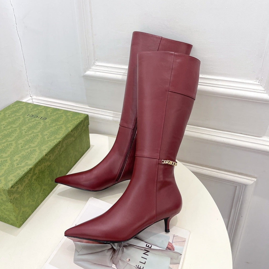 GUCCI SIGNORIA KNEE BOOTS 4.5CM IN BURGUNDY RED CALFSKIN