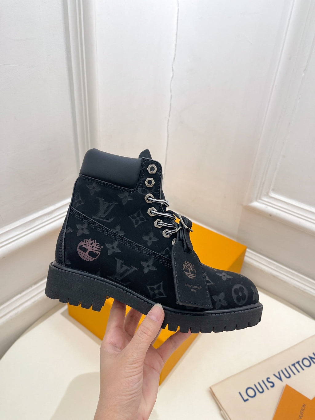 LOUIS VUITTON LV X TIMBERLAND MARTIN BOOT IN BLACK MONOGRAM SUEDE