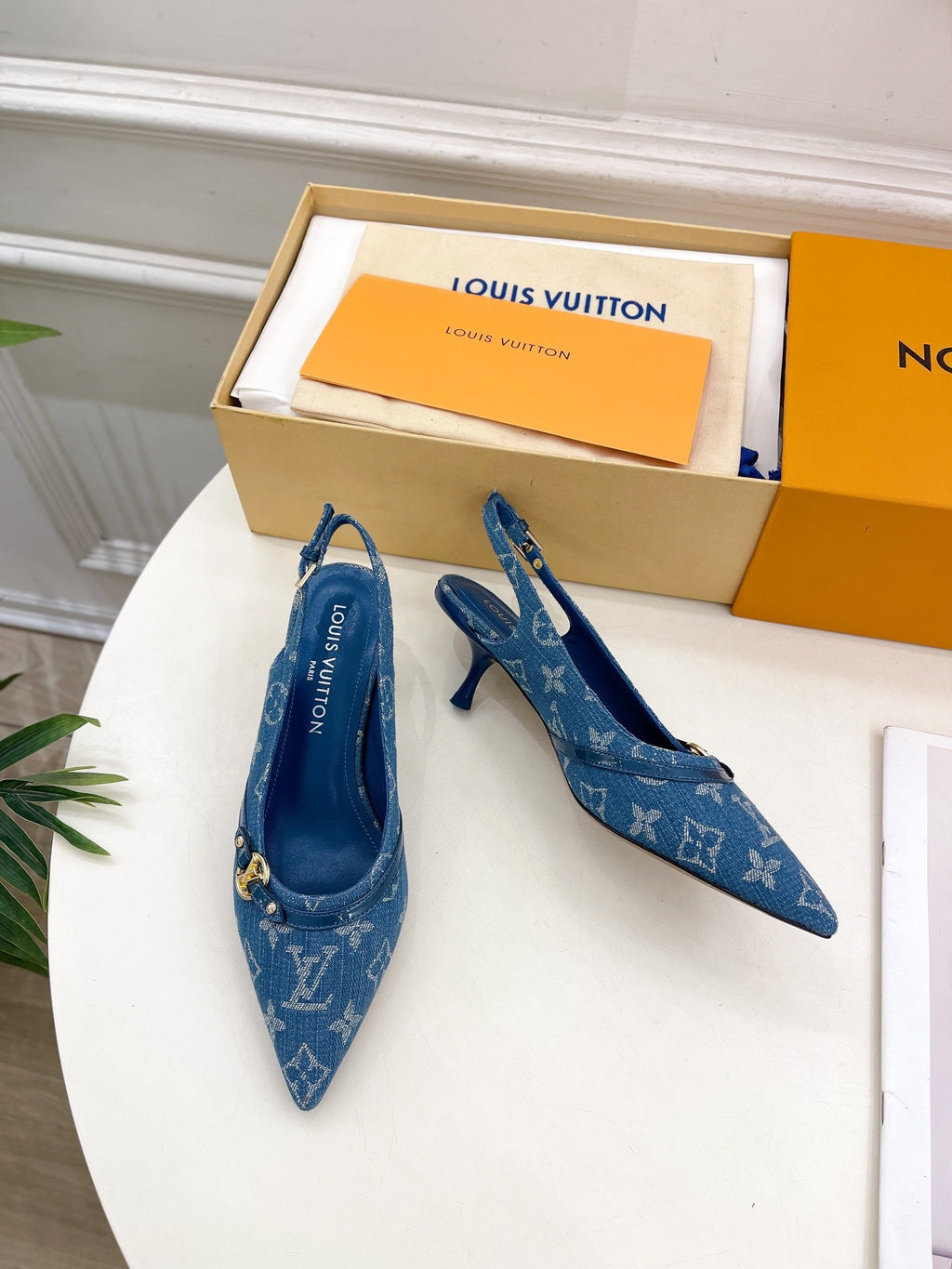 LOUIS VUITTON HIGH SLINGBACKS 5 CM IN CLASSIC BLUE MONOGRAM DENIM FABRIC