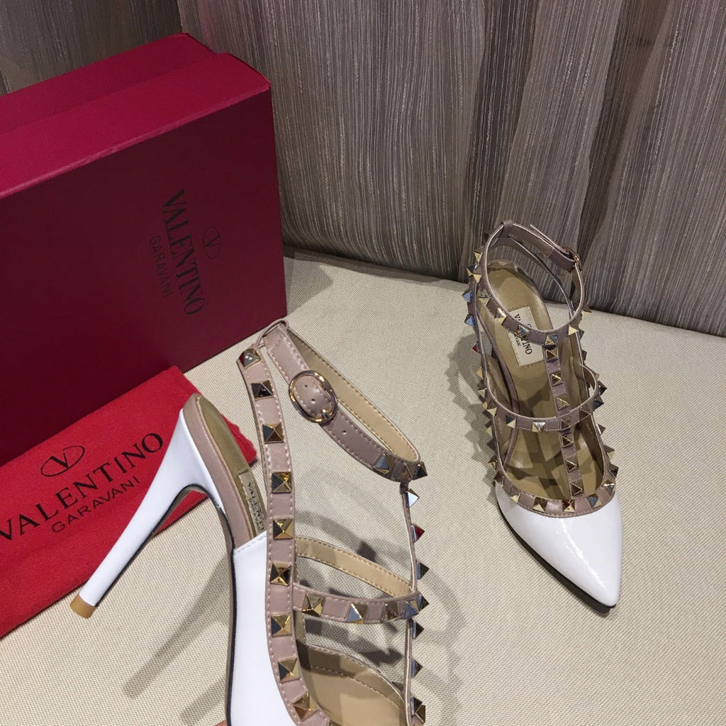 ROCKSTUD CAGED HIGH PUMP IN WHITE MIX LIGHT PINK PATENT CALFSKIN 100 MM