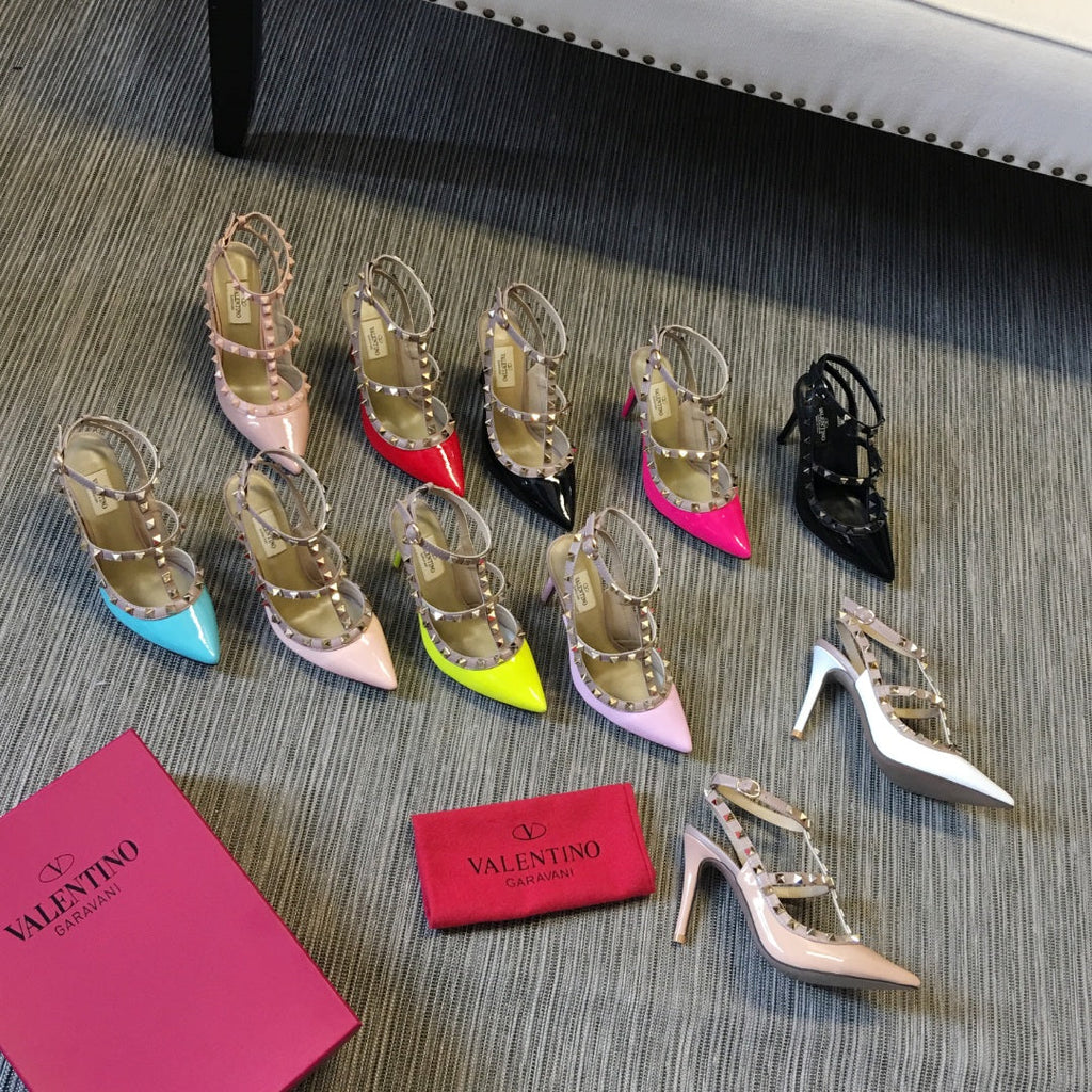 ROCKSTUD CAGED HIGH PUMP IN WHITE MIX LIGHT PINK PATENT CALFSKIN 100 MM